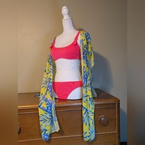 Tropical Sheer Yellow Blue Swim Open Front Coverup
